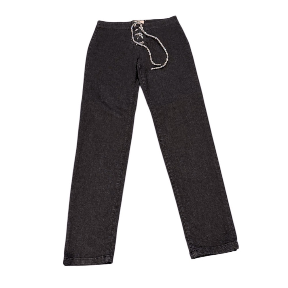 Labijou Dark Wash Pants with Rhinestone Drawstring Straight Leg Size Large